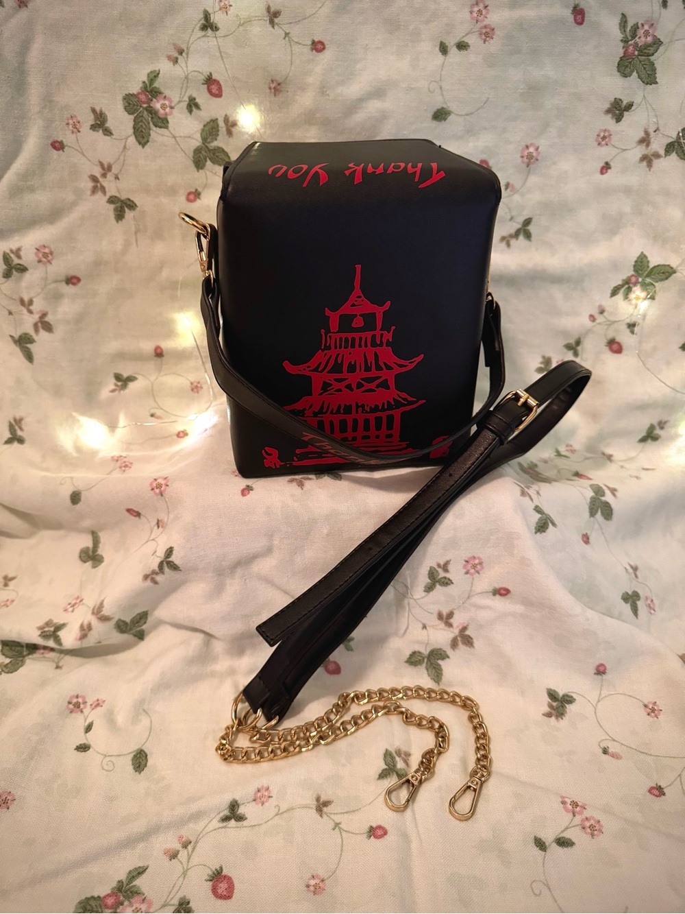 Black Chinese Takeout Box Crossbody Bag With Red Pagoda Print - Women Bags